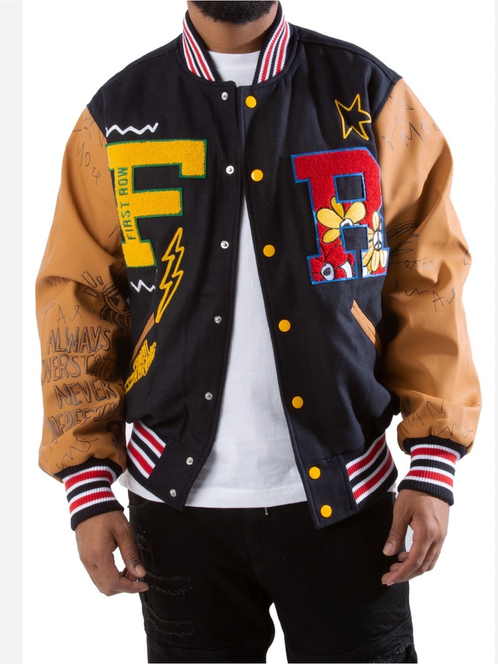 Embroidered Black & Tan Varsity Bomber Jacket